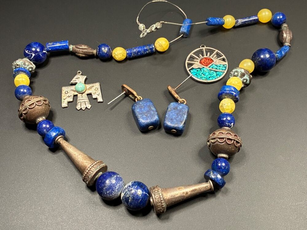 Southwest Style Lapis Stone Necklace Thunderbird Pendant Earrings Set